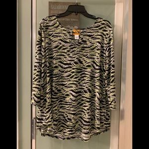 Ruby Rd. Slinky Tunic Top Polyester Spandex Long Sleeve Black White Green Size L